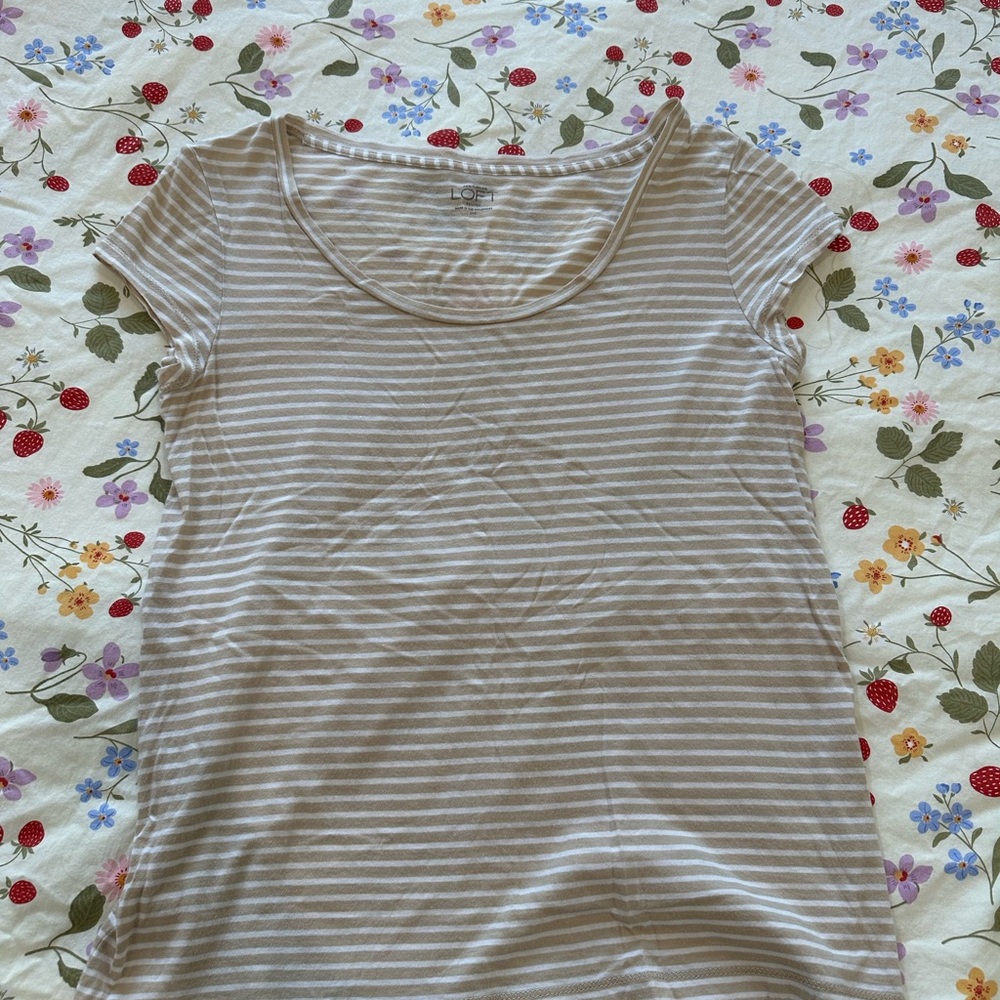 LOFT Beige and White Striped Short Sleeve Tee